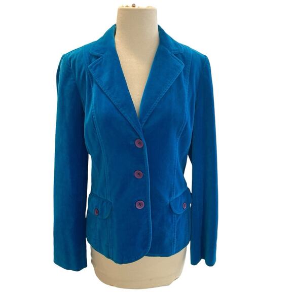 Size 6 Vintage 90s Liz Claiborne Teal Blue Velvet Blazer Jacket Bright - Picture 1 of 11